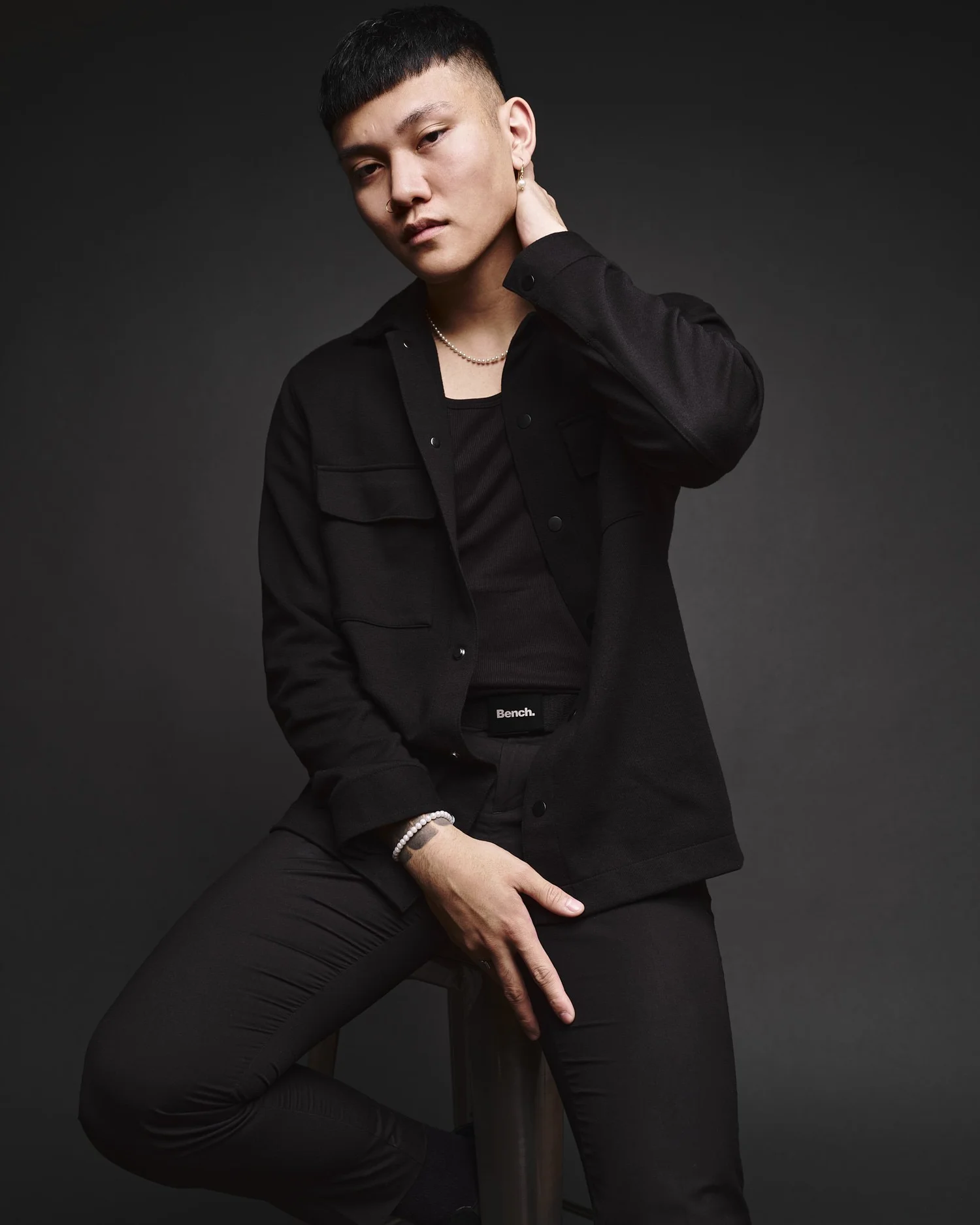 Bench menswear campaign black shirt seated