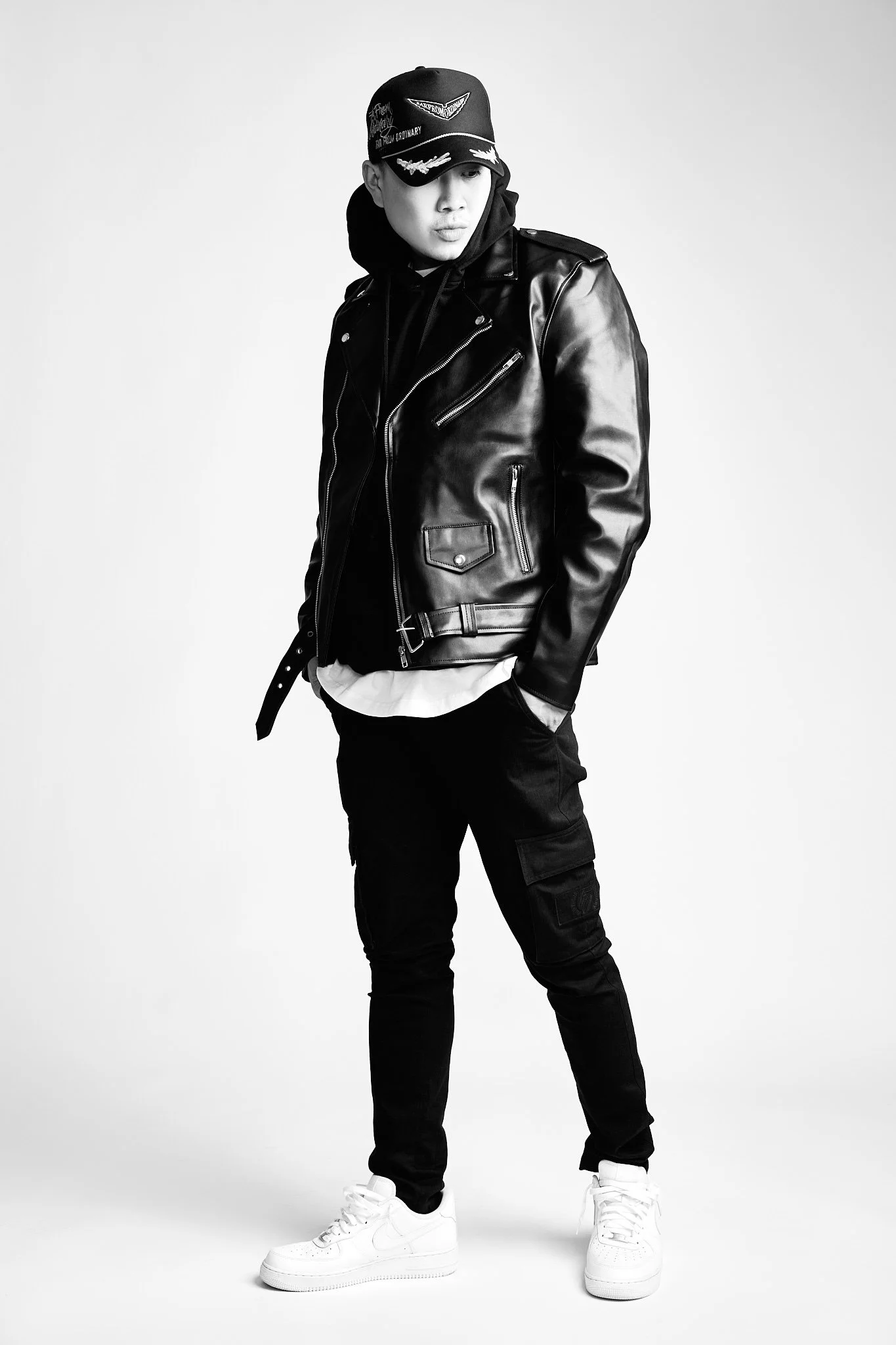Far From Ordinary campaign leather jacket full length
