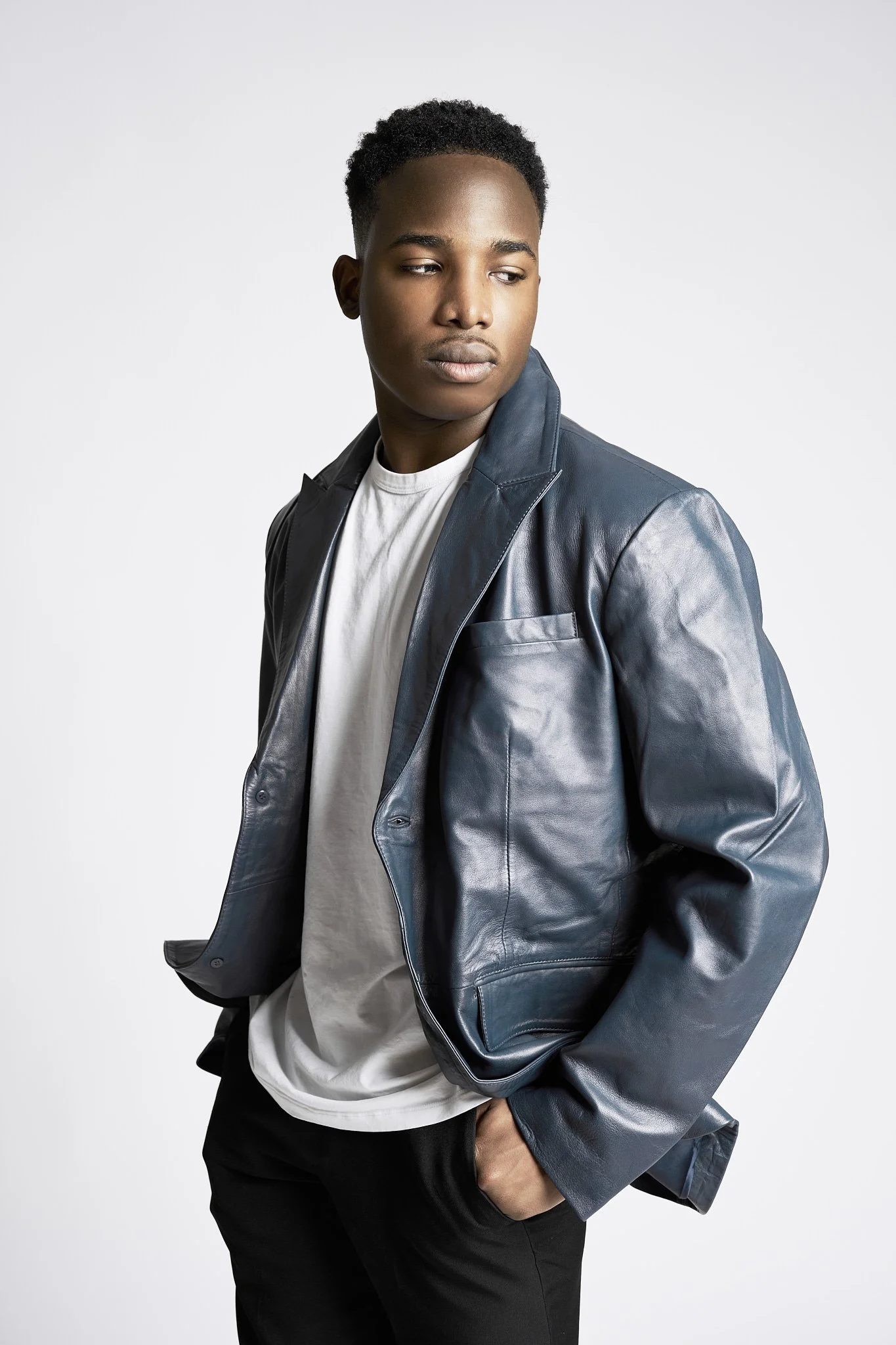 FAD Closet campaign navy leather blazer