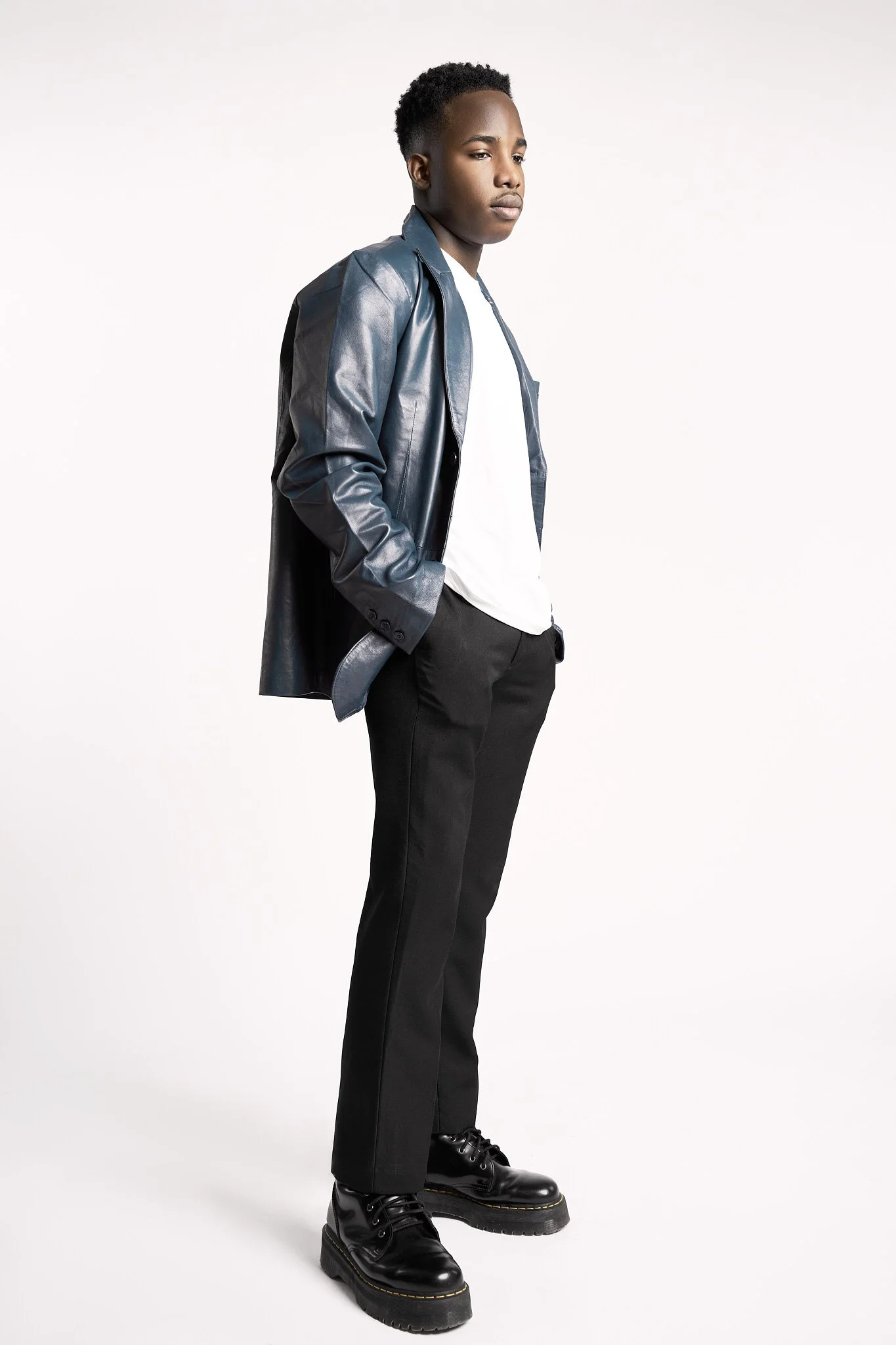 FAD Closet campaign leather blazer full length