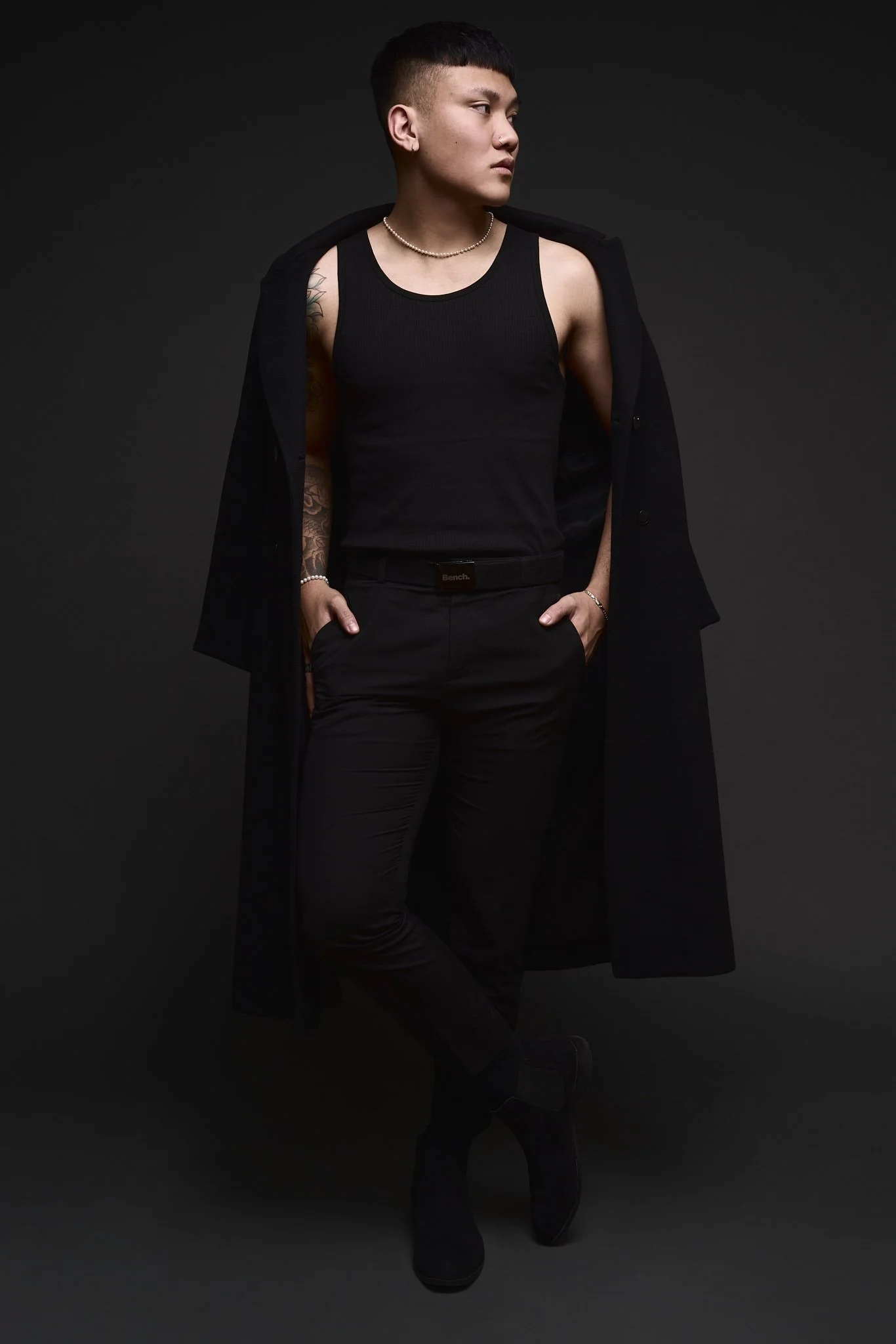 Bench menswear campaign coat over tank full length
