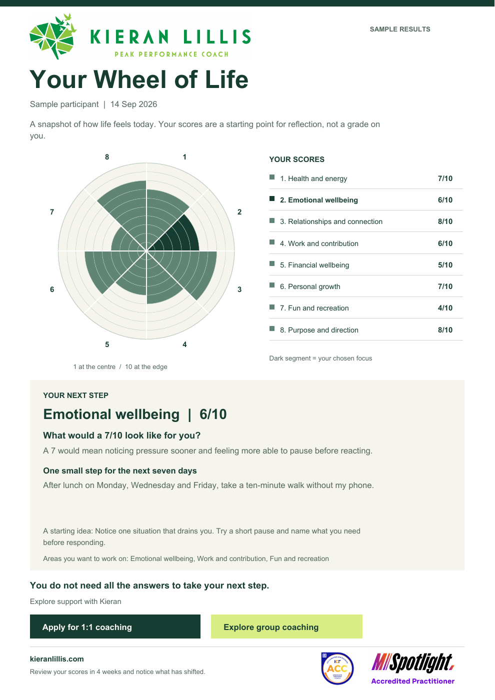 Sample personalised Wheel of Life PDF with eight scores, a chosen focus and reflection prompts. Example results only.