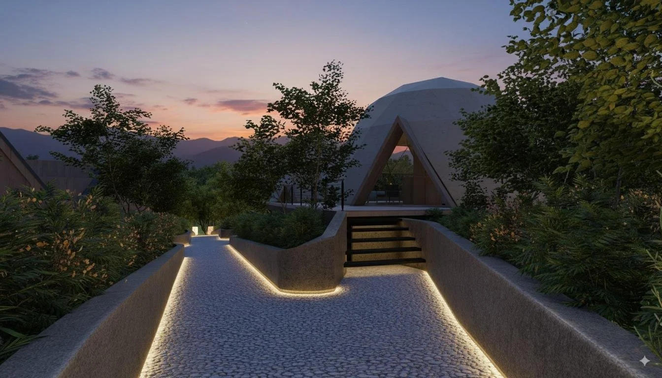 Sendero de piedra iluminado al atardecer hacia una cabaña de Aya Huma (render conceptual)