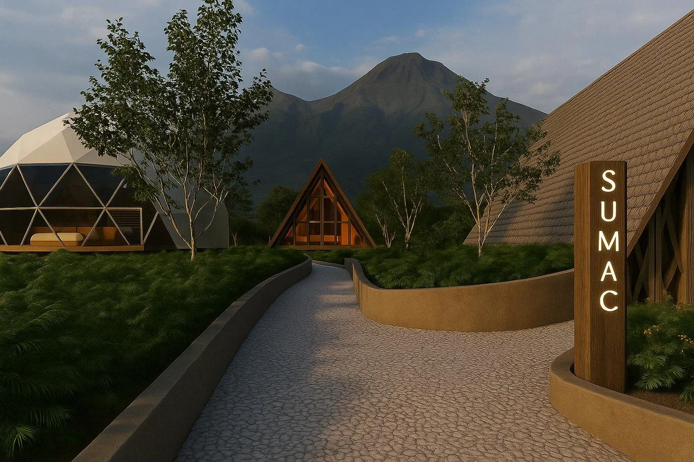 Sendero de piedra entre jardines nativos hacia el domo y la cabaña, con el volcán al fondo (render conceptual)