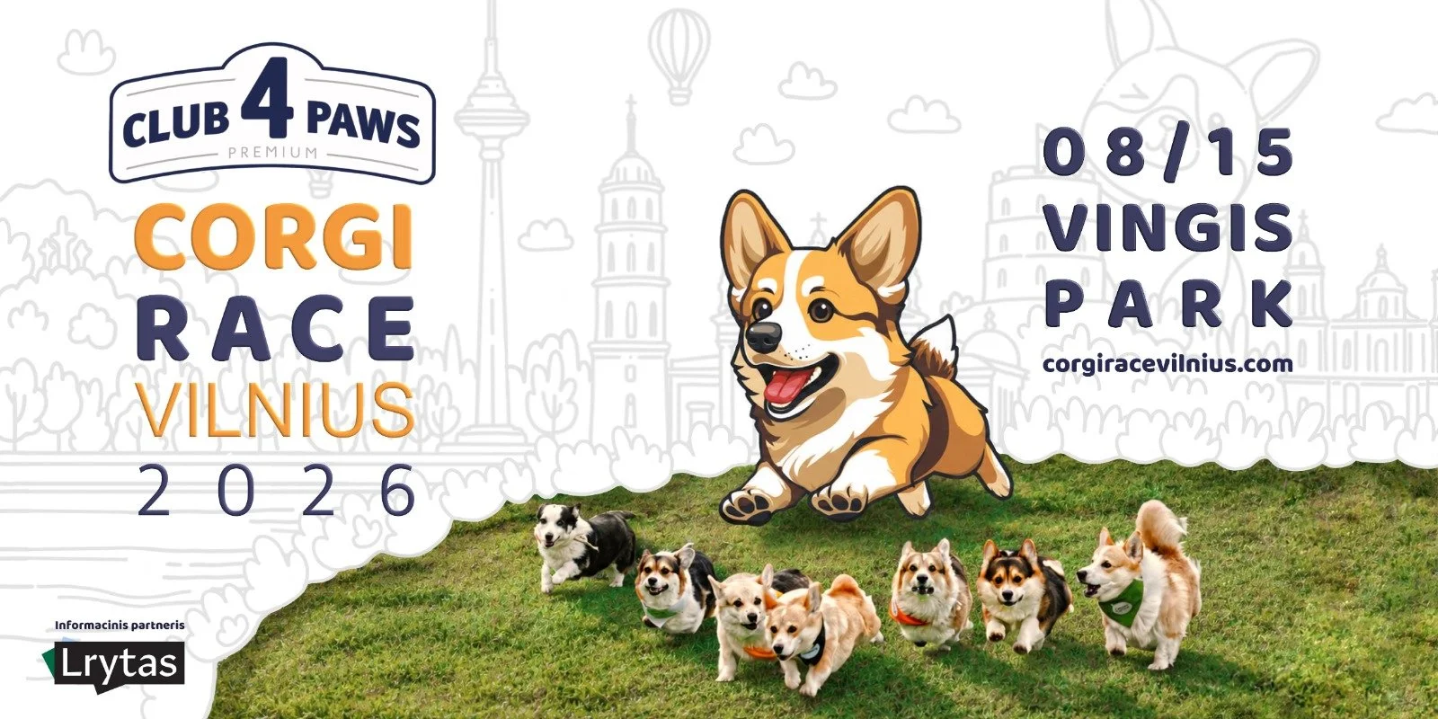 Corgi Race Vilnius 2026 poster – August 15 at Vingis Park, presented by Club 4 Paws
