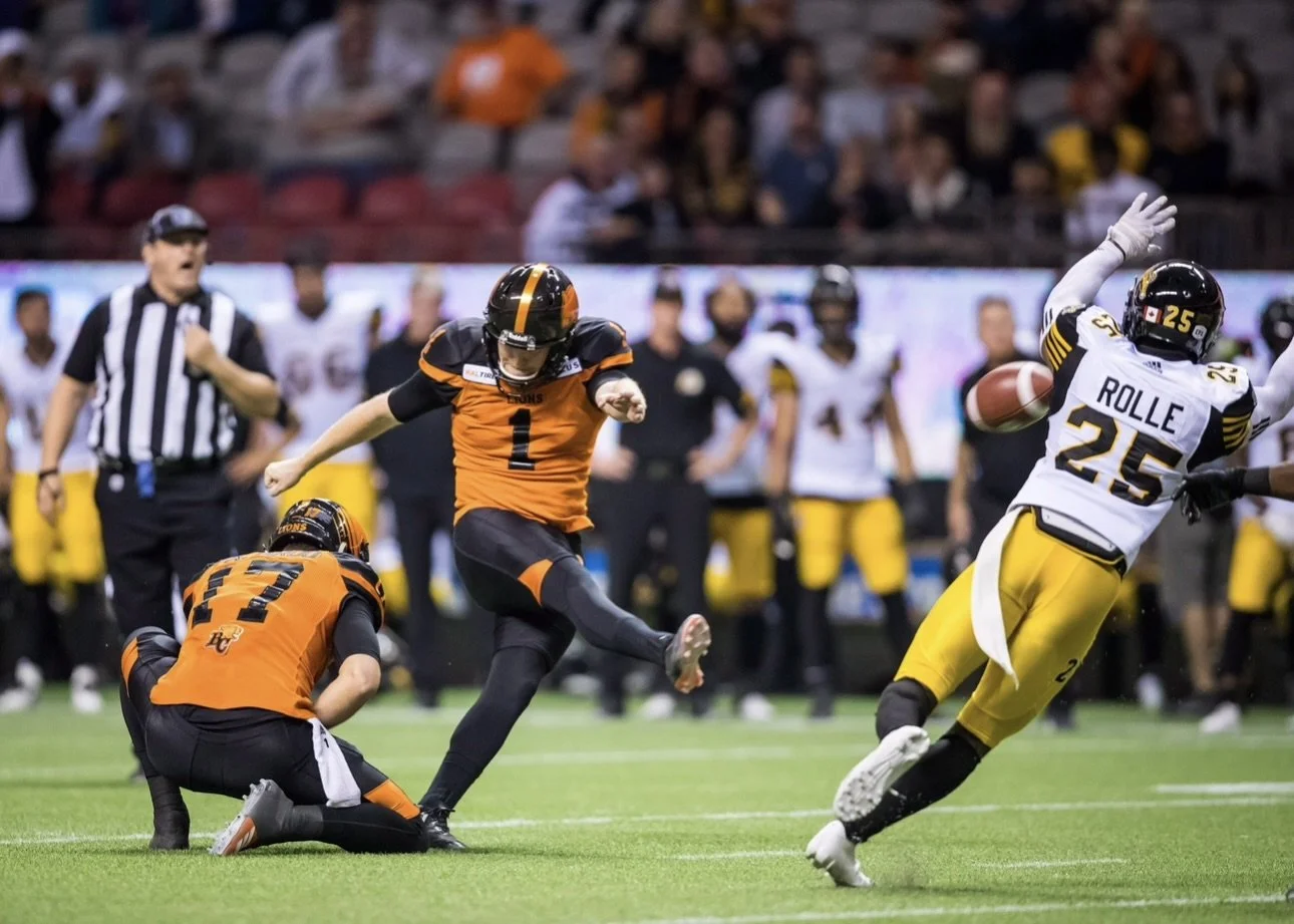 Ty Long kicking for the BC Lions in a CFL game
