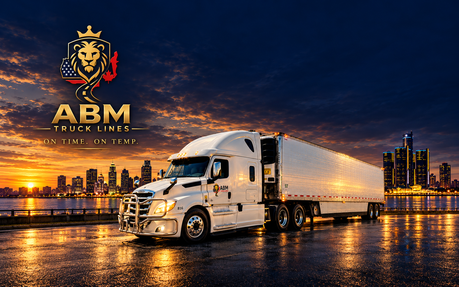 ABM truck and gold lion branding at the Detroit waterfront at sunset