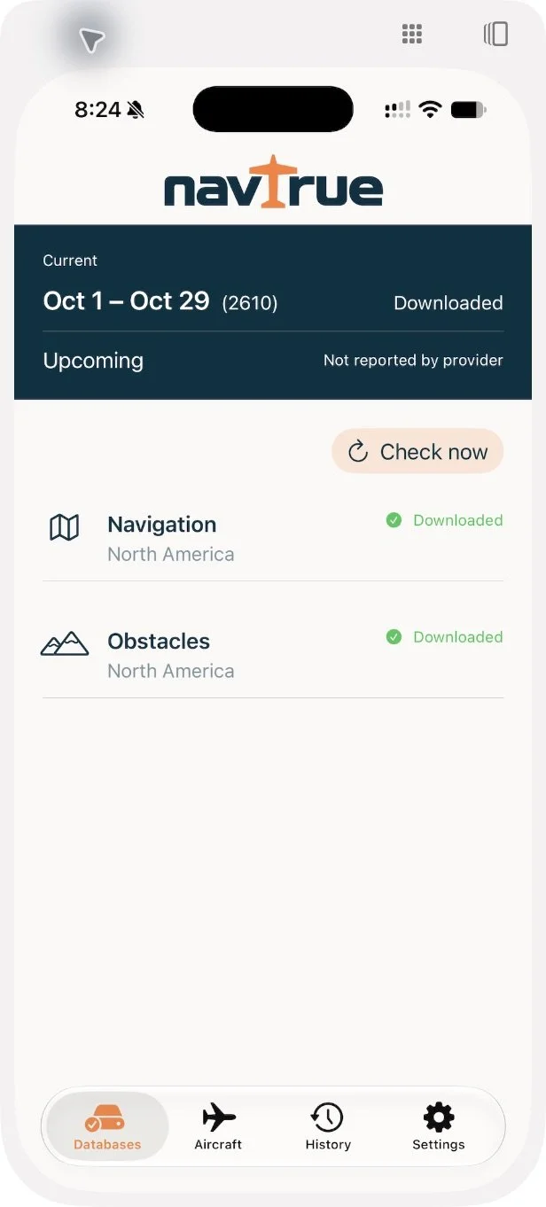 Actual navTrue iPhone beta showing downloaded navigation and obstacle databases