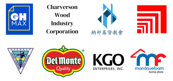 Logos of client organizations including GH Max Corporation, Charveson Wood Industry Corporation, Davao Evangelical Church, and Far East Associates