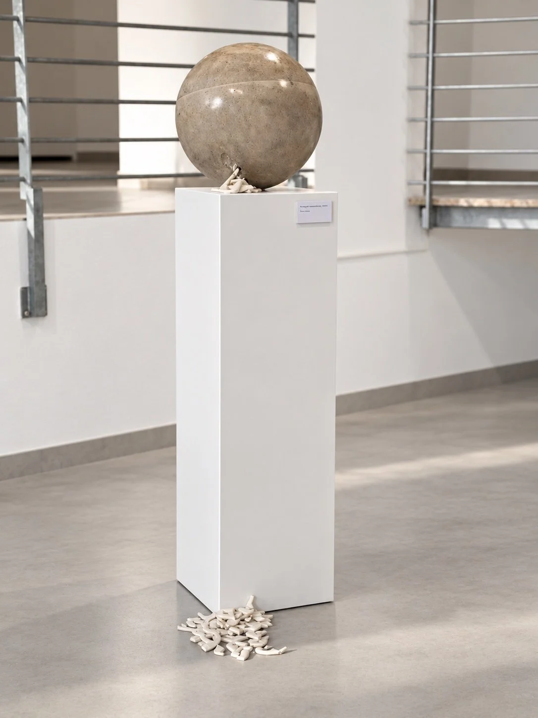 A concrete sphere on a tall white plinth, with small white porcelain fragments on the floor at its base.