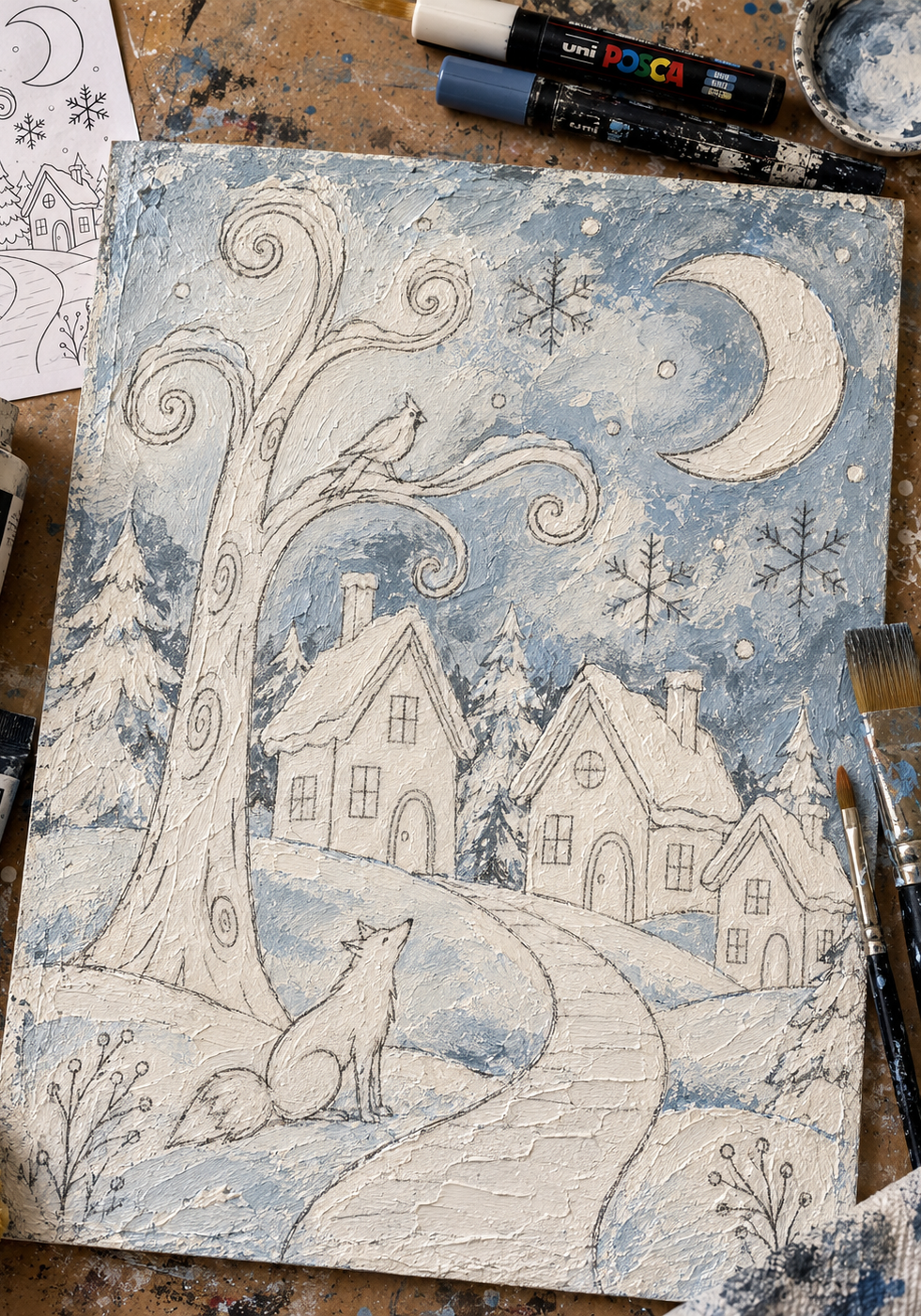 Whimsical Winter Village composition being planned on prepared mixed-media board