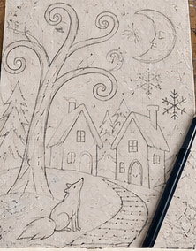 Example showing how participants can draw their own whimsical winter village composition