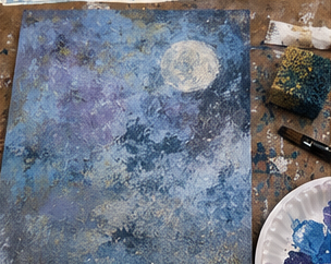 Blue-gray winter sky painted onto the Whimsical Winter Village artwork