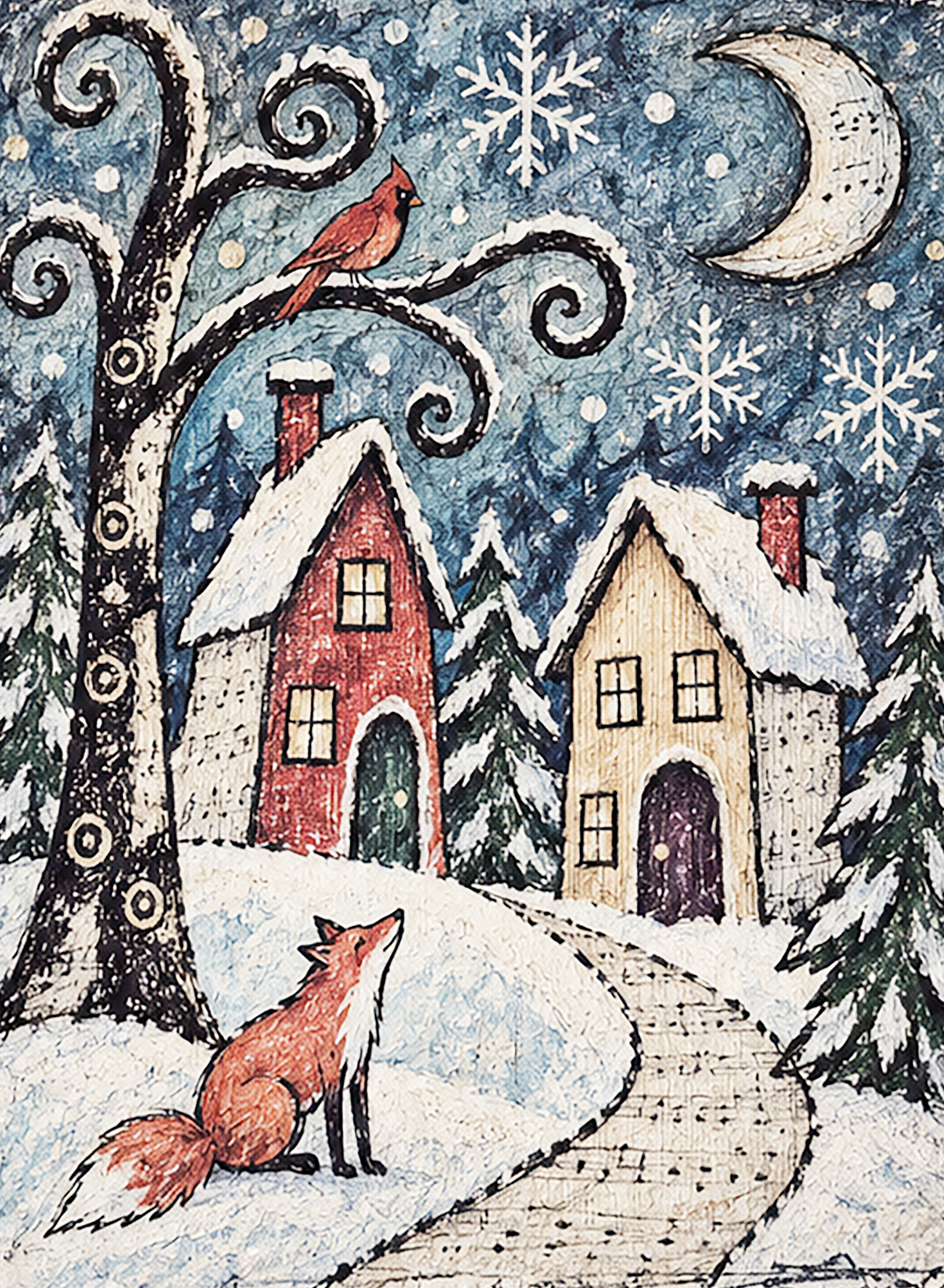 Finished Whimsical Winter Village mixed-media artwork
