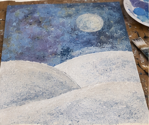 Layered white snow with cool shadows in the Whimsical Winter Village artwork