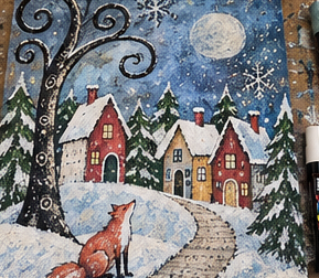 Nearly completed Whimsical Winter Village artwork being reviewed from a distance