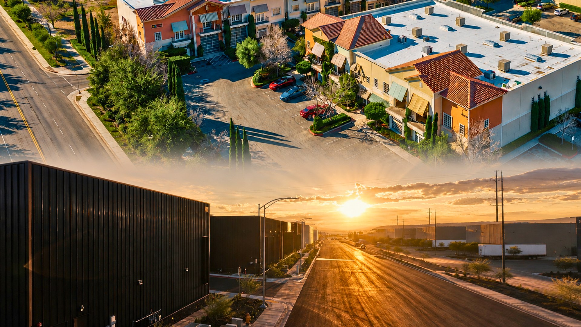 Modern small-bay industrial buildings at sunset