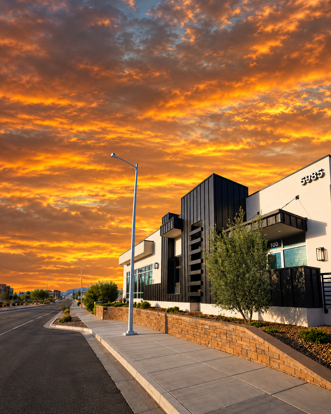 Modern owner-user office building in Las Vegas at sunset