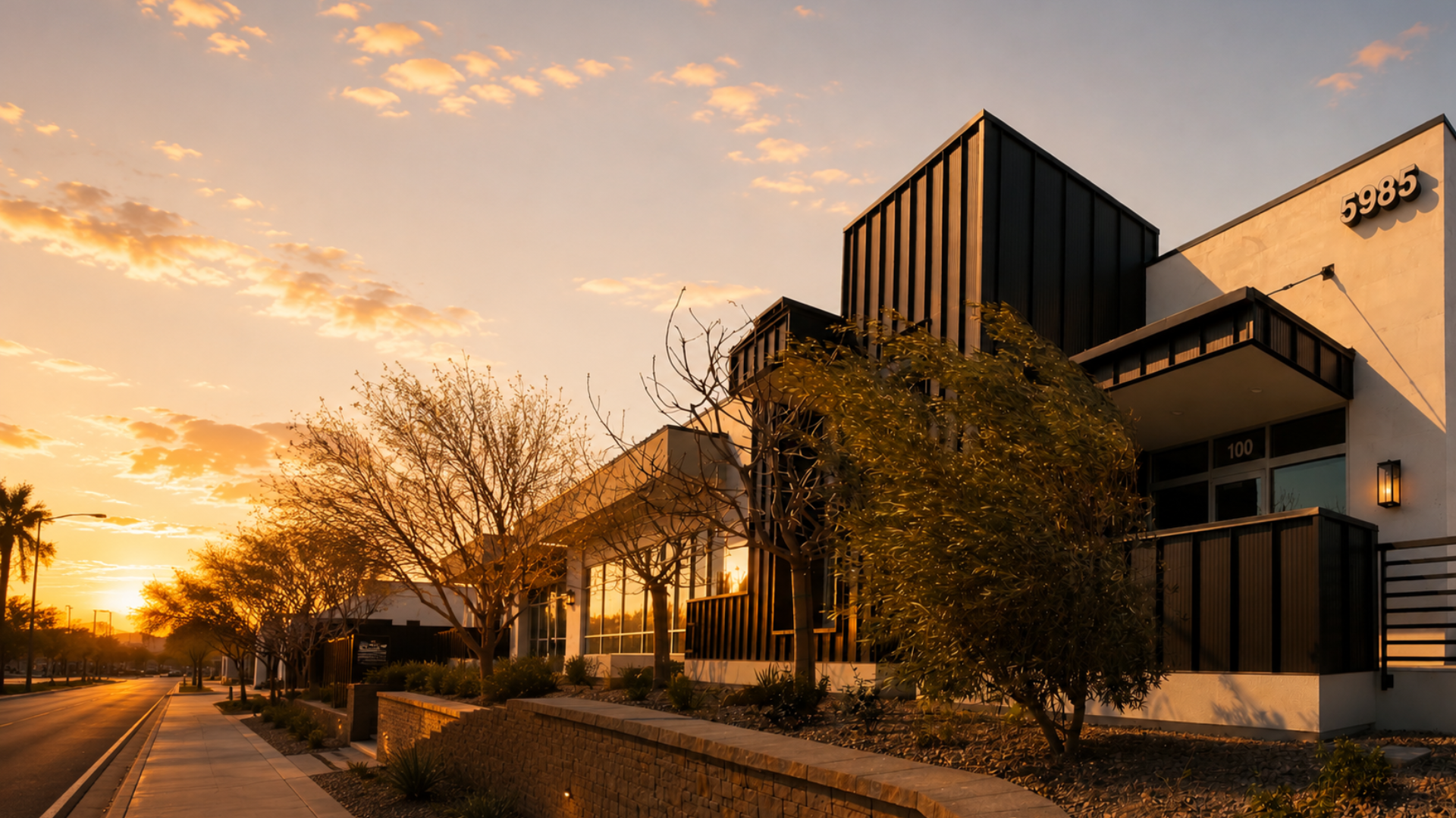 Modern office condo building in the Southwest at sunset