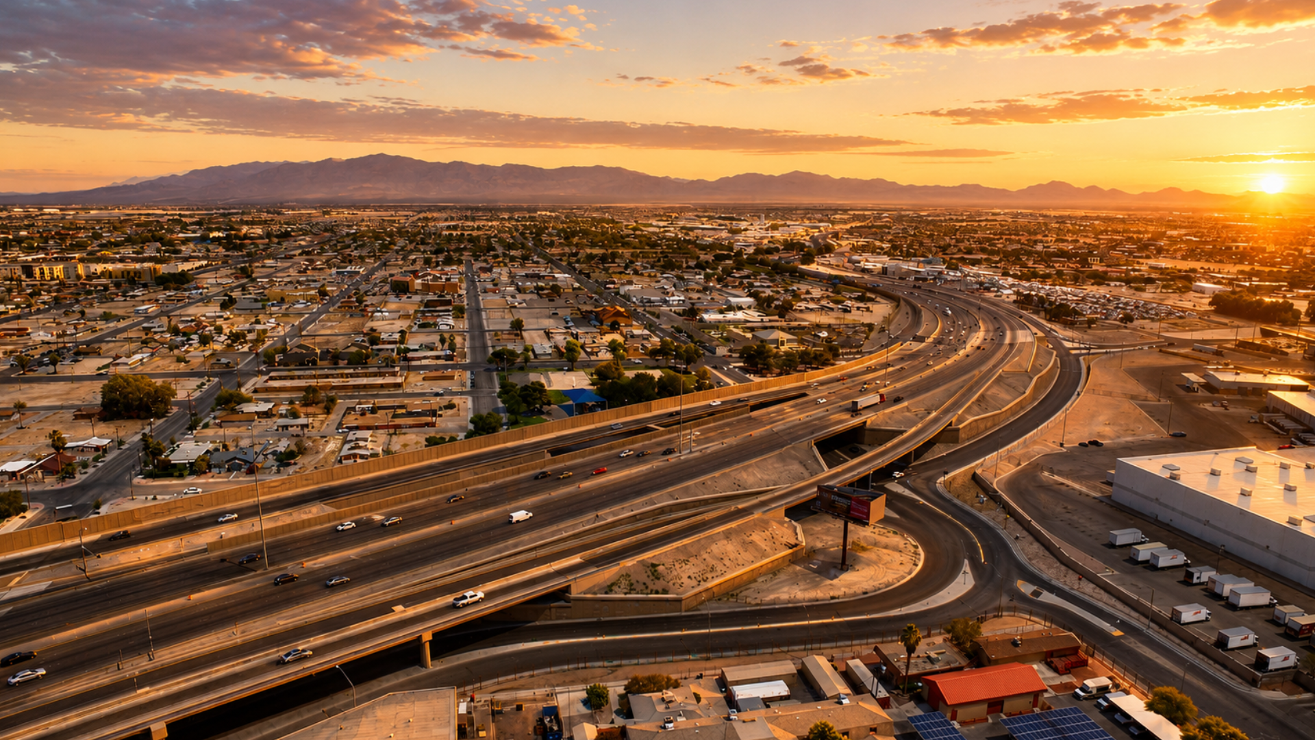 Las Vegas Valley freeway interchange at sunset
