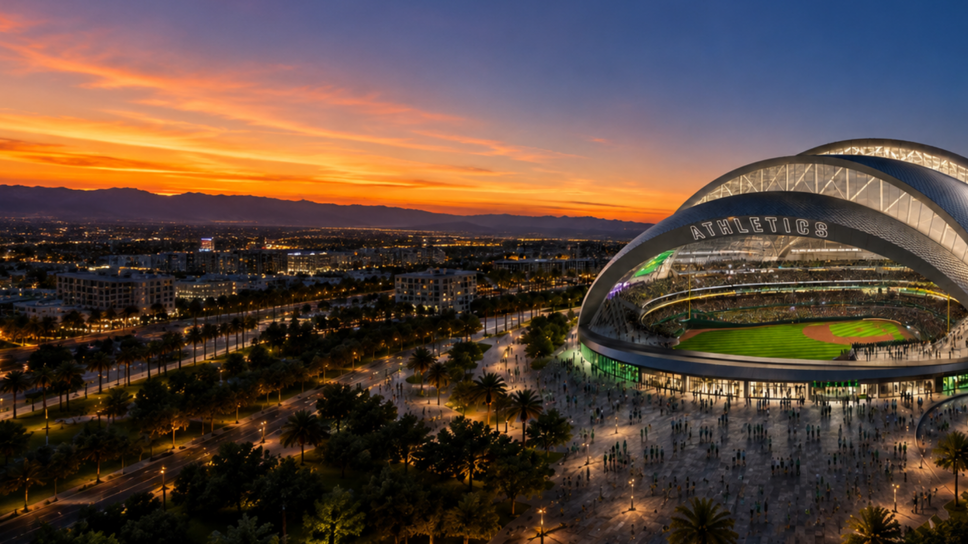 Artist's view of the Athletics ballpark in Las Vegas at dusk