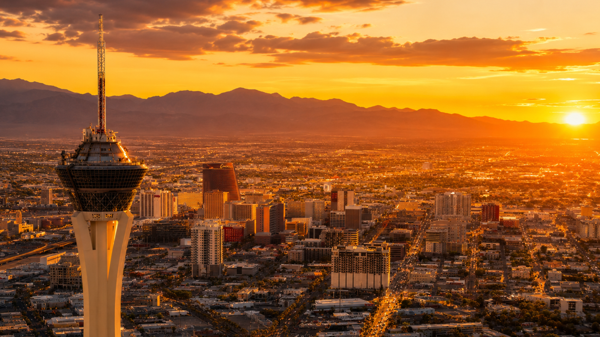 Las Vegas Valley at sunset with the mountains beyond