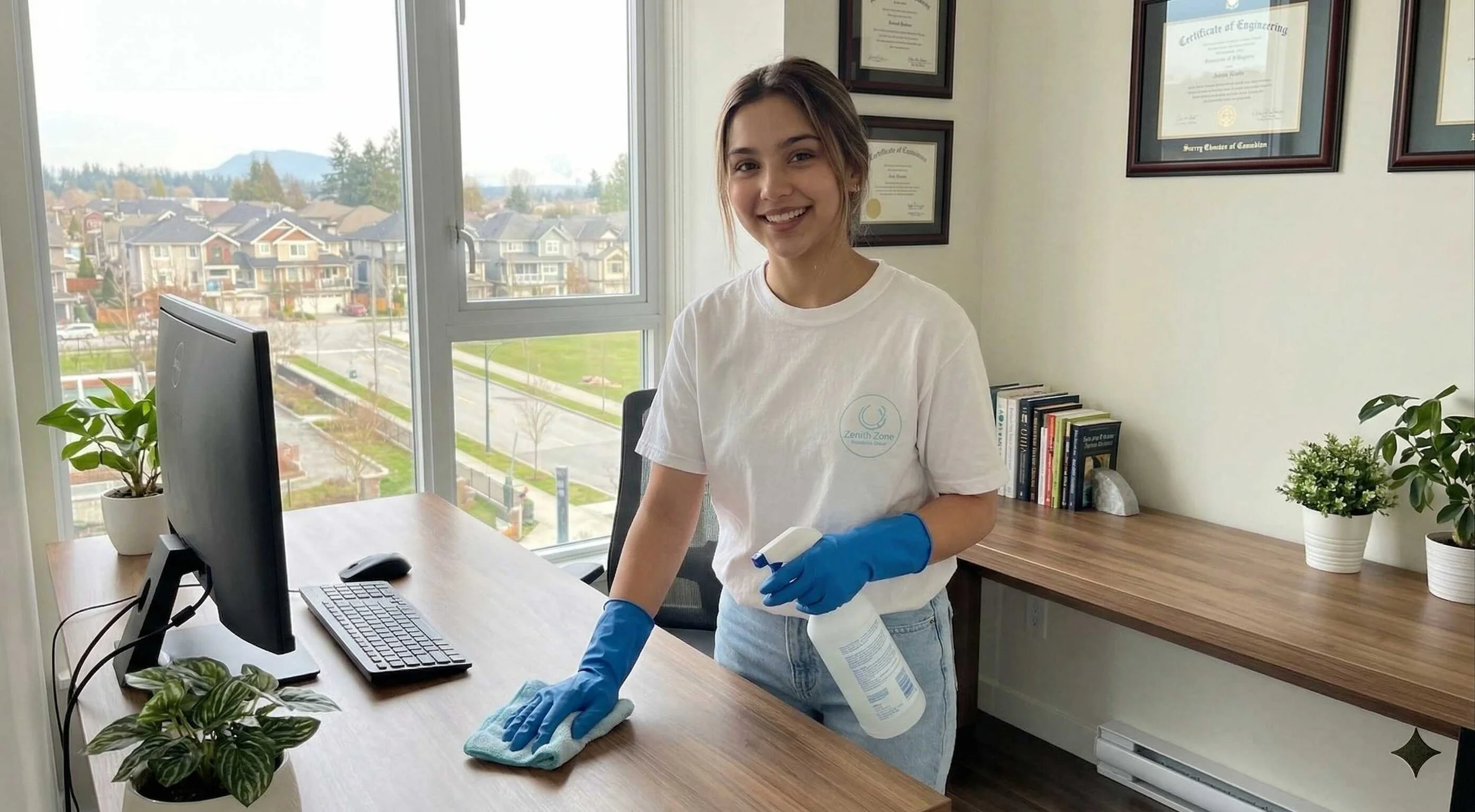 Zenith Zone Cleaning Team cleaners wiping down and sanitizing home office desk in Surrey BC