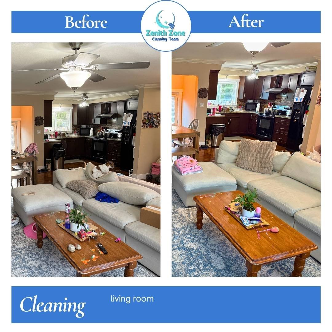 Open-plan living space cleaning Port Coquitlam, comprehensive floor mopping and furniture dusting