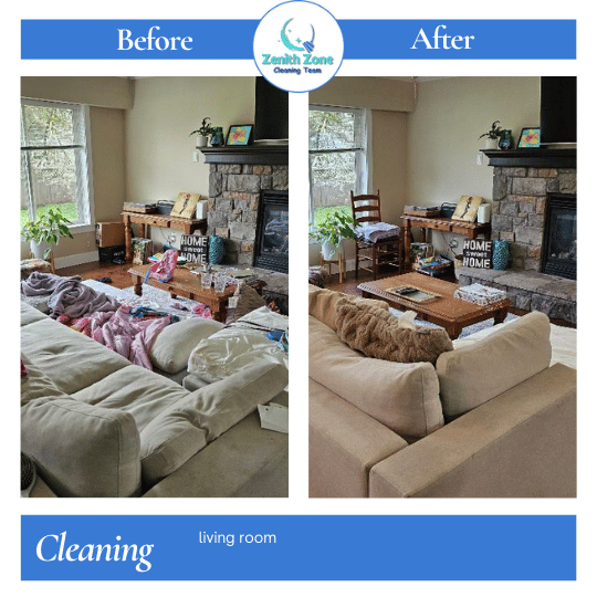 Professional living room cleaning service, carpet vacuuming and surface wiping in a Surrey home