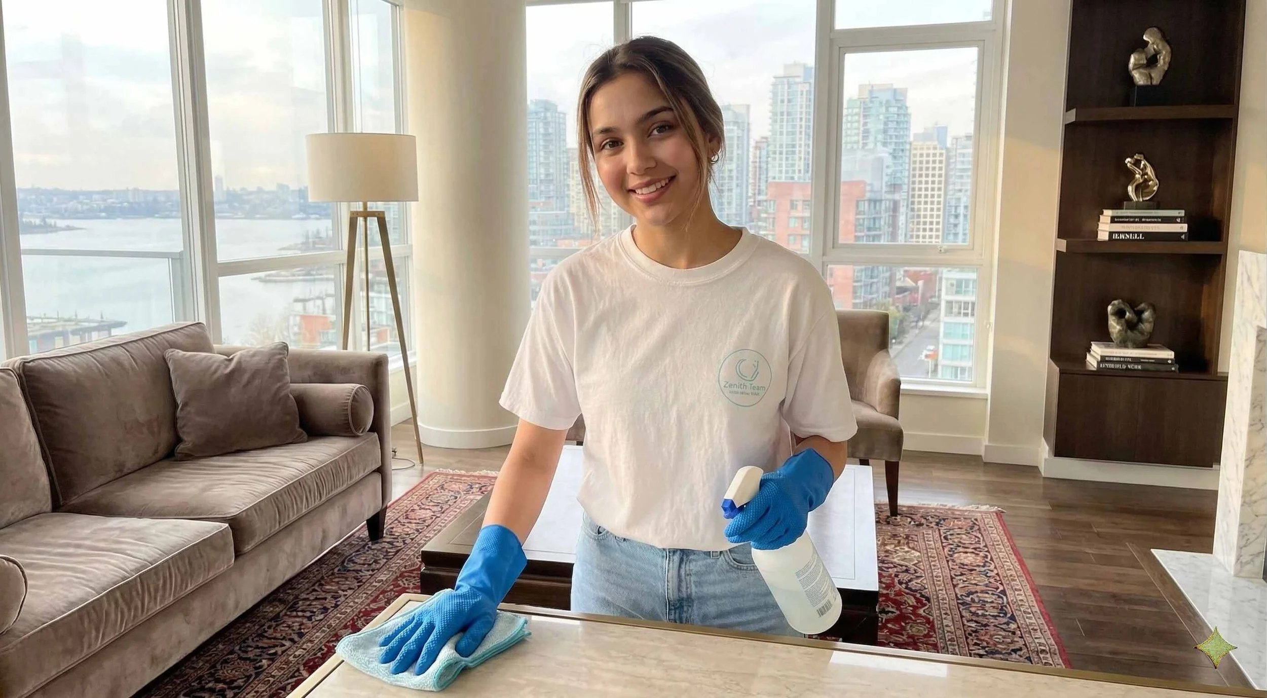 Cleaner wiping and organizing a spacious family living room in Surrey