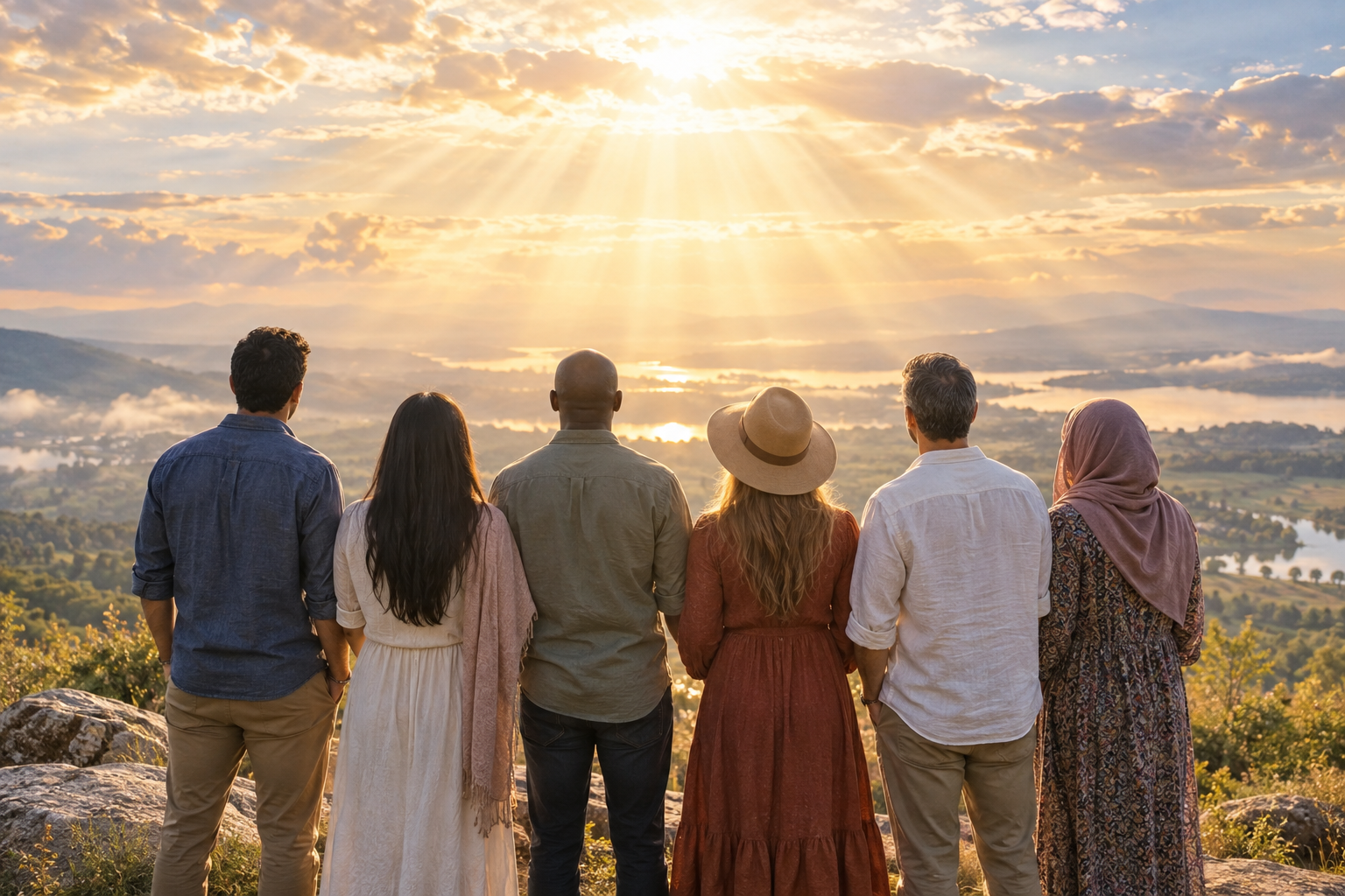 A diverse group of people standing together in rays of light