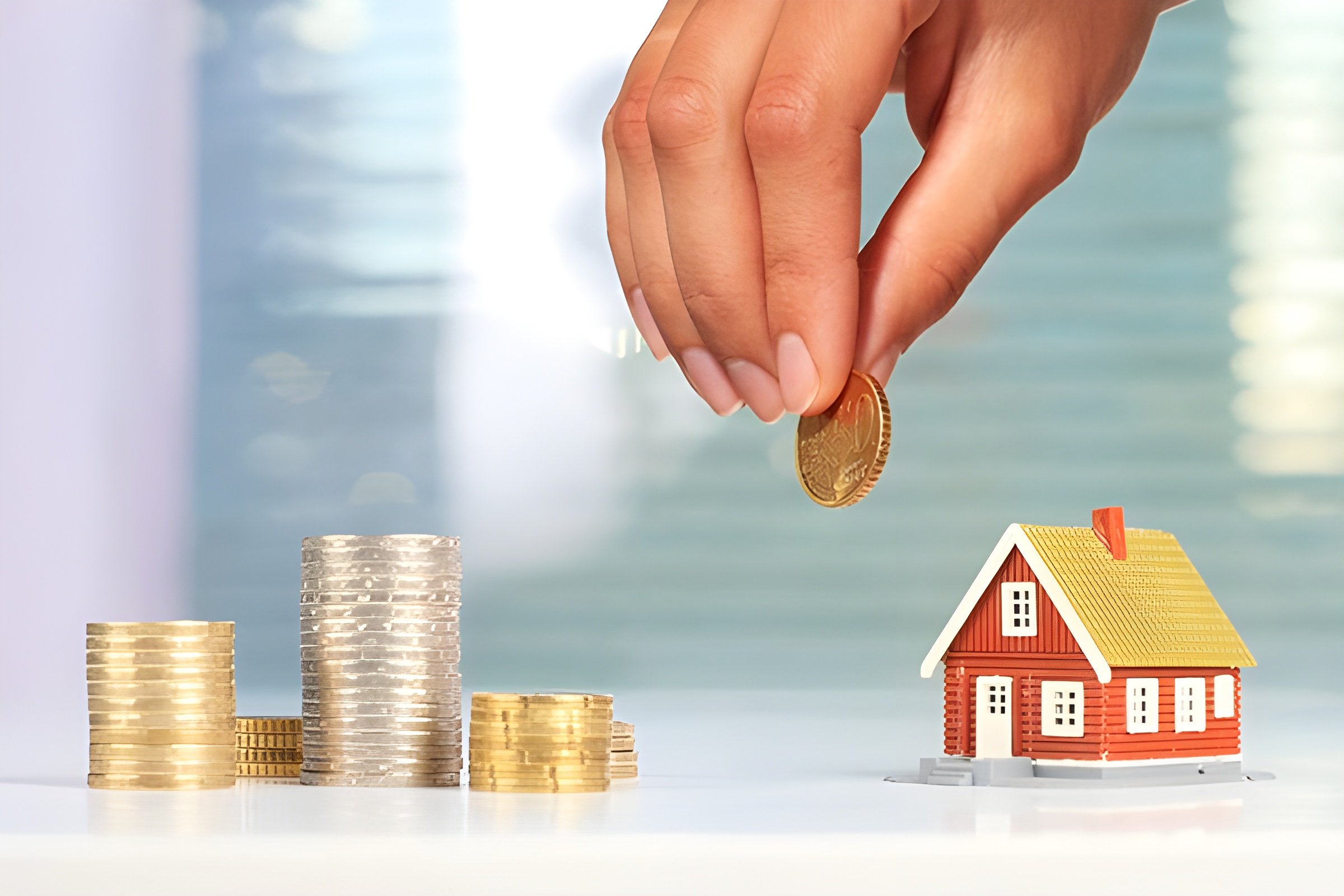 Stacks of coins next to a tiny house.