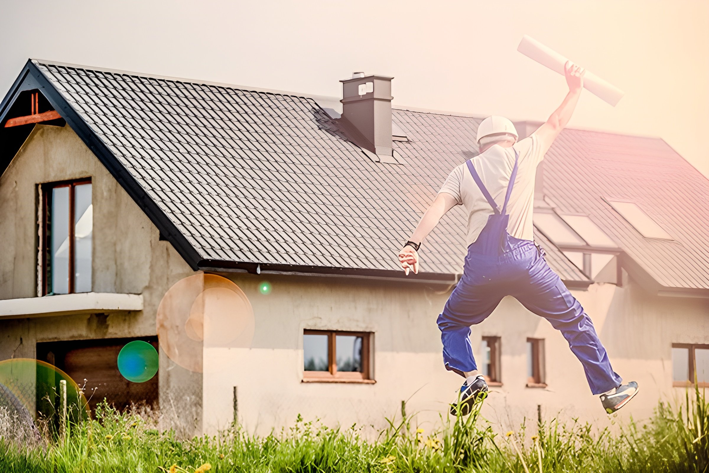 Man jumping in front of house