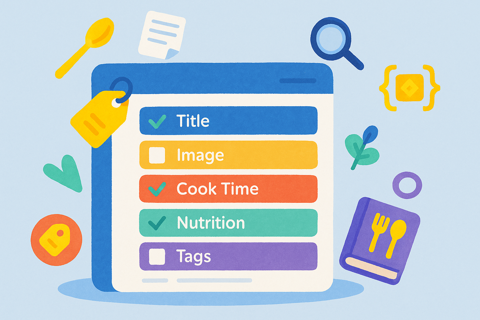 Illustration of a schema validation checklist with recipe tags and structured data boxes.