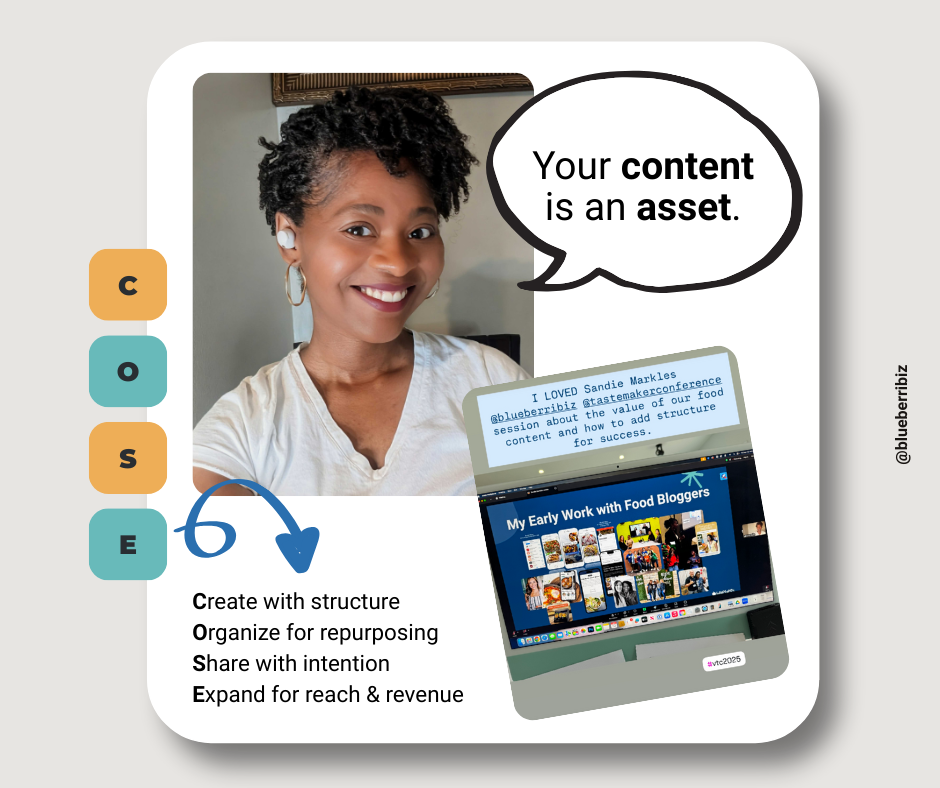 Sandie Markle beside a COSE graphic showing the Create, Organize, Share, Expand framework.