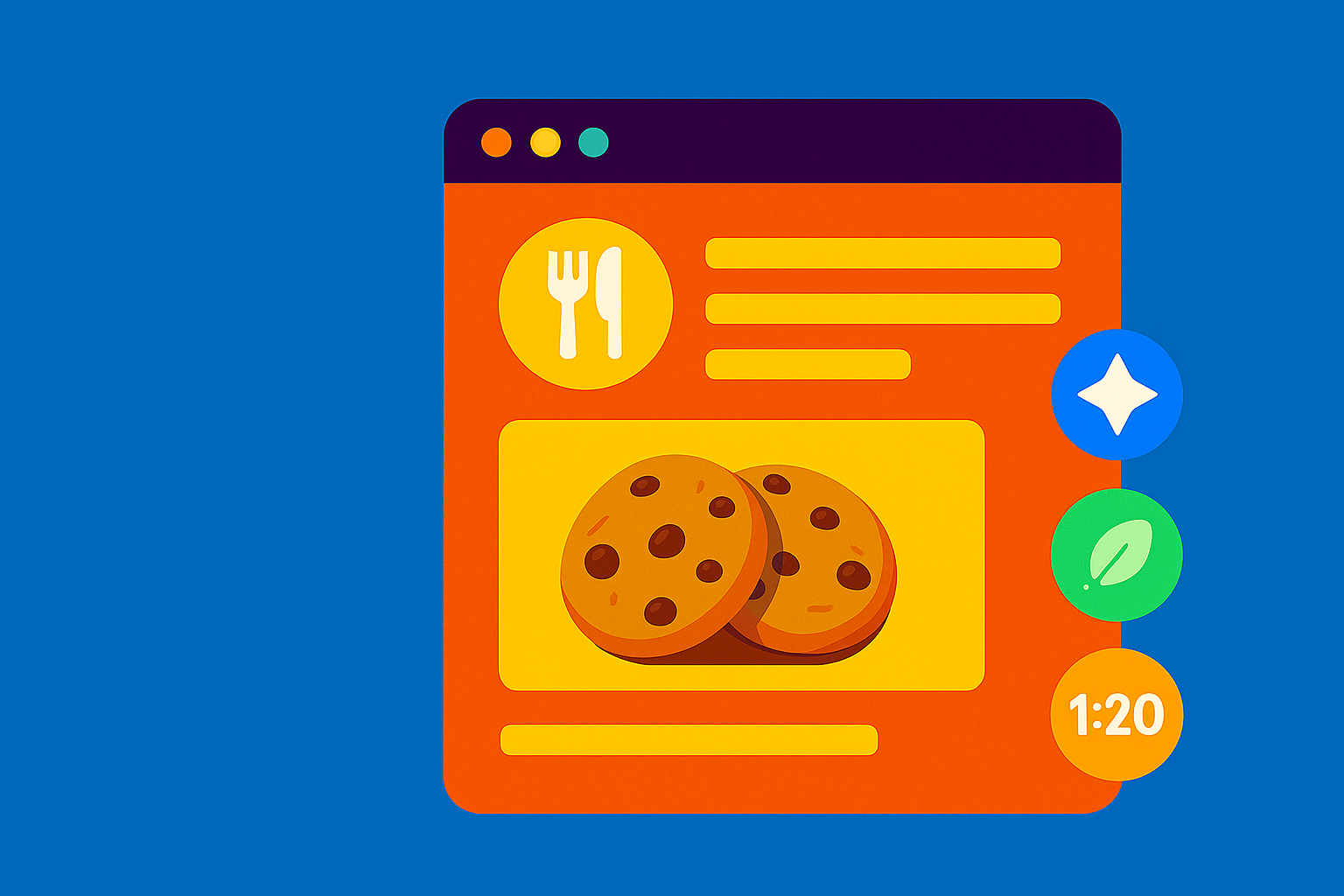 Blueberri Vibrant digital illustration of a recipe plugin interface showing cookies and metadata icons on a blue background, representing the evolution from plugins to structured content.