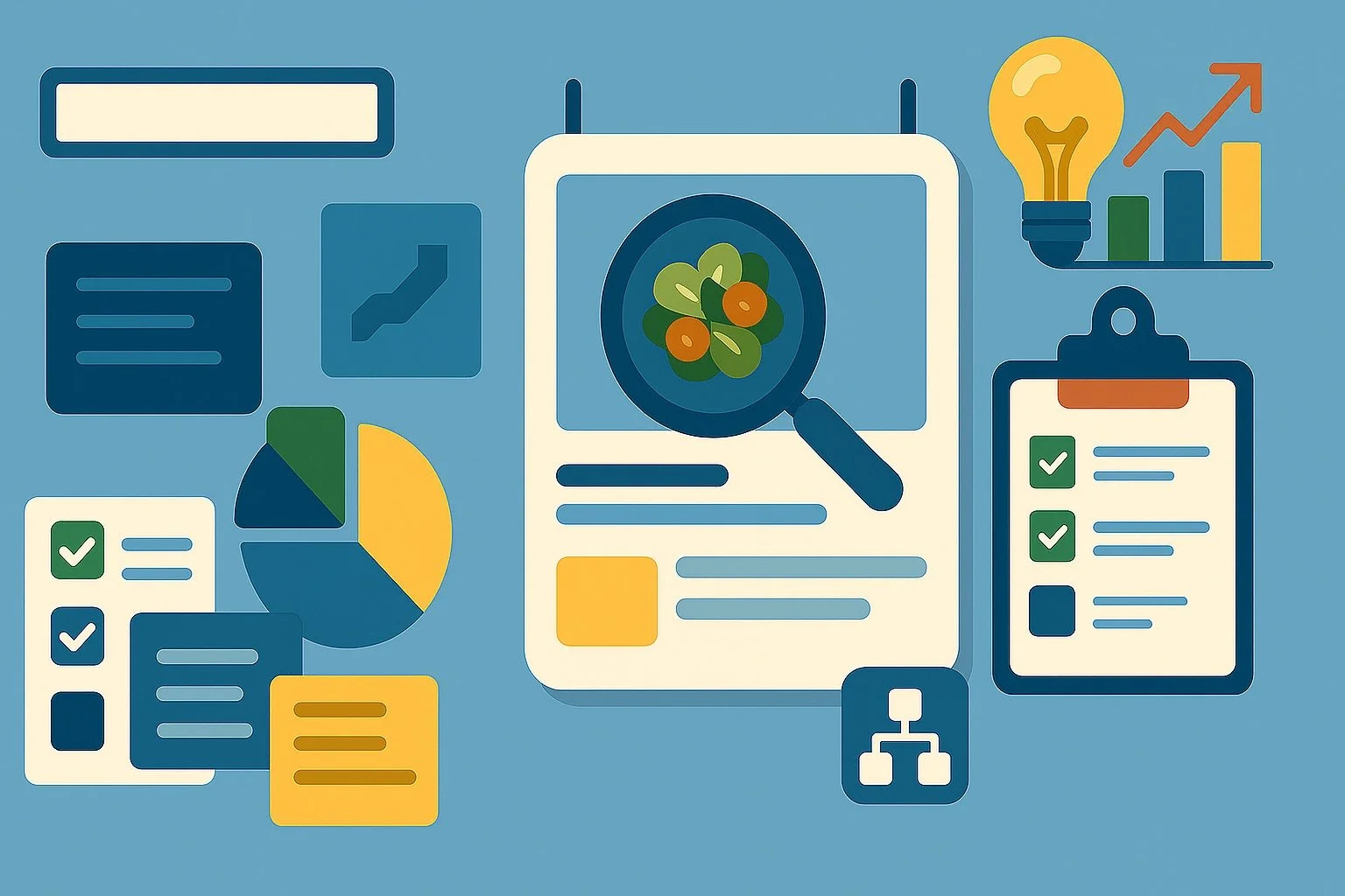 Illustration of recipe data and AI search connections representing Generative Engine Optimization for food creators.
