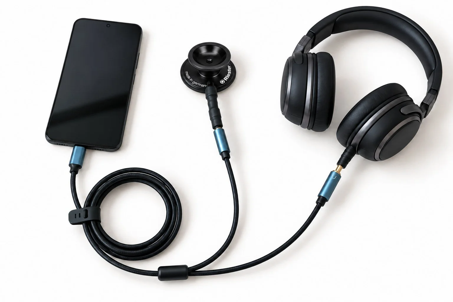 Enso komplet za poslušanje: phone, Glava stetoskopa Riester and headphones connected by cable