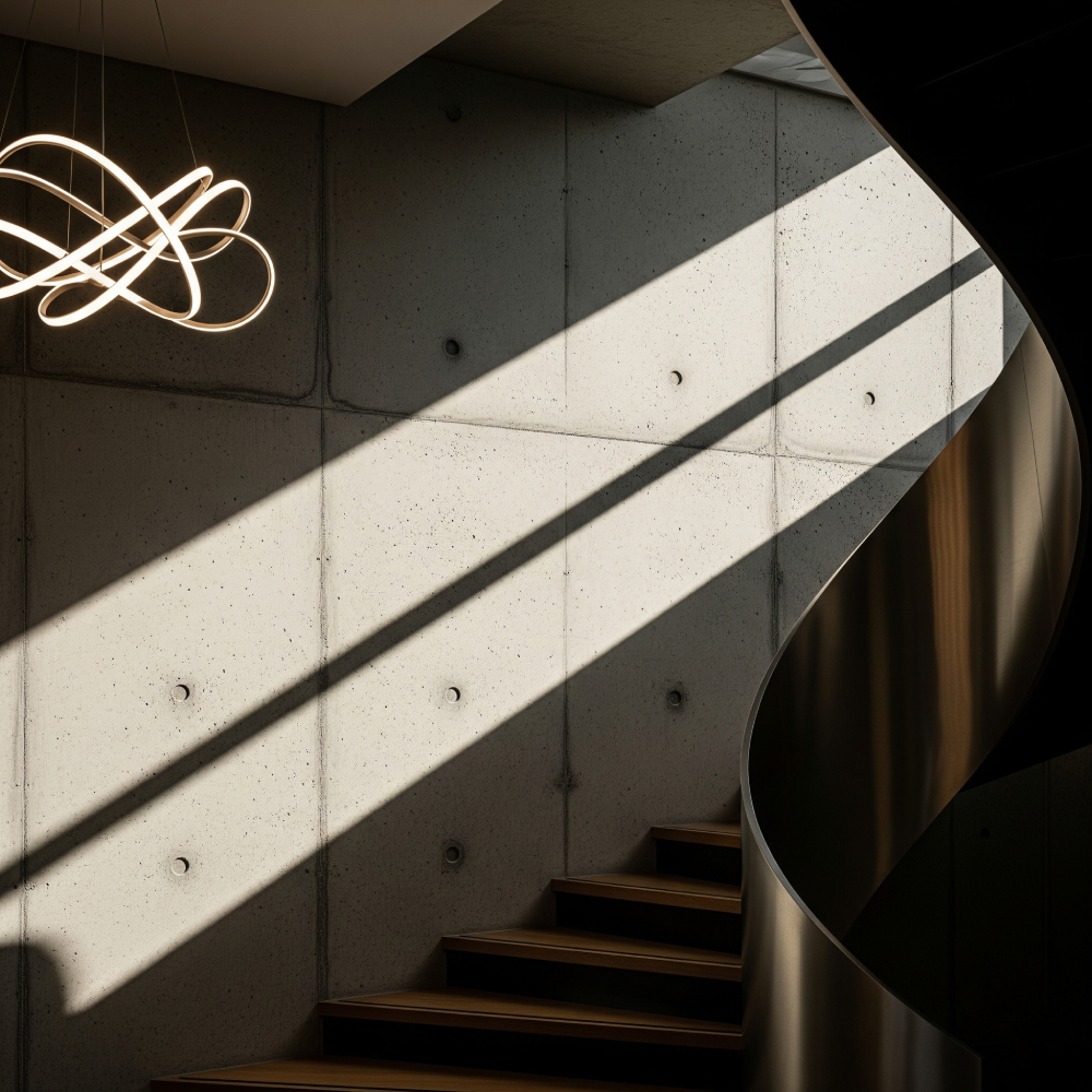 Architectural detail of a modern office staircase with natural light