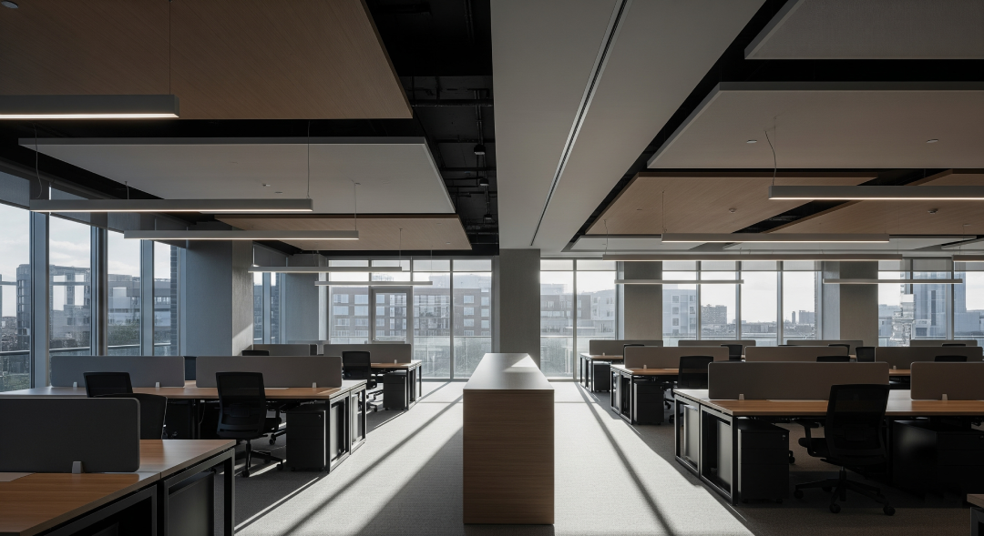 Architectural detail of a modern office staircase with natural light