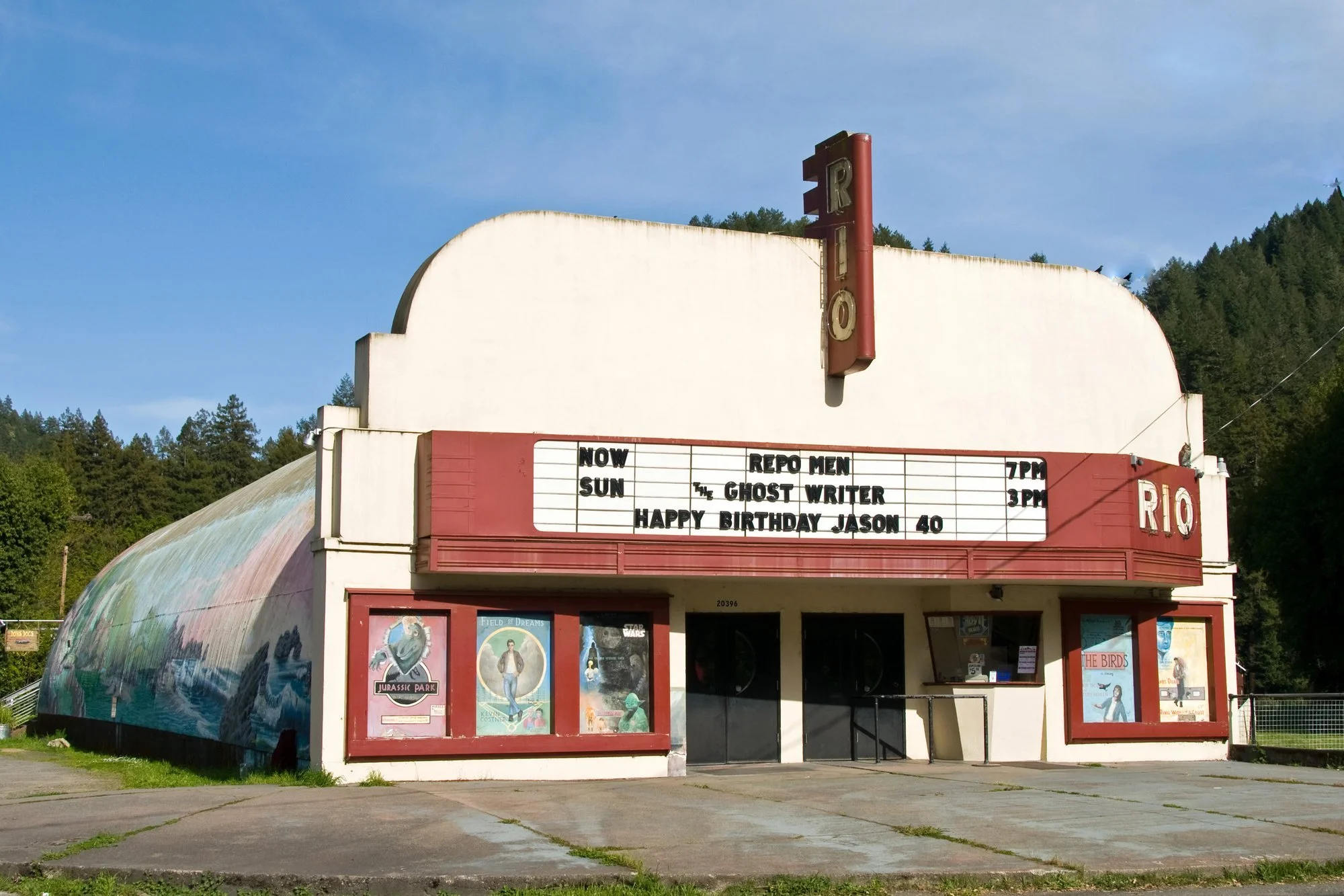 Quonset-hut Rio Theater with its marquee in Monte Rio