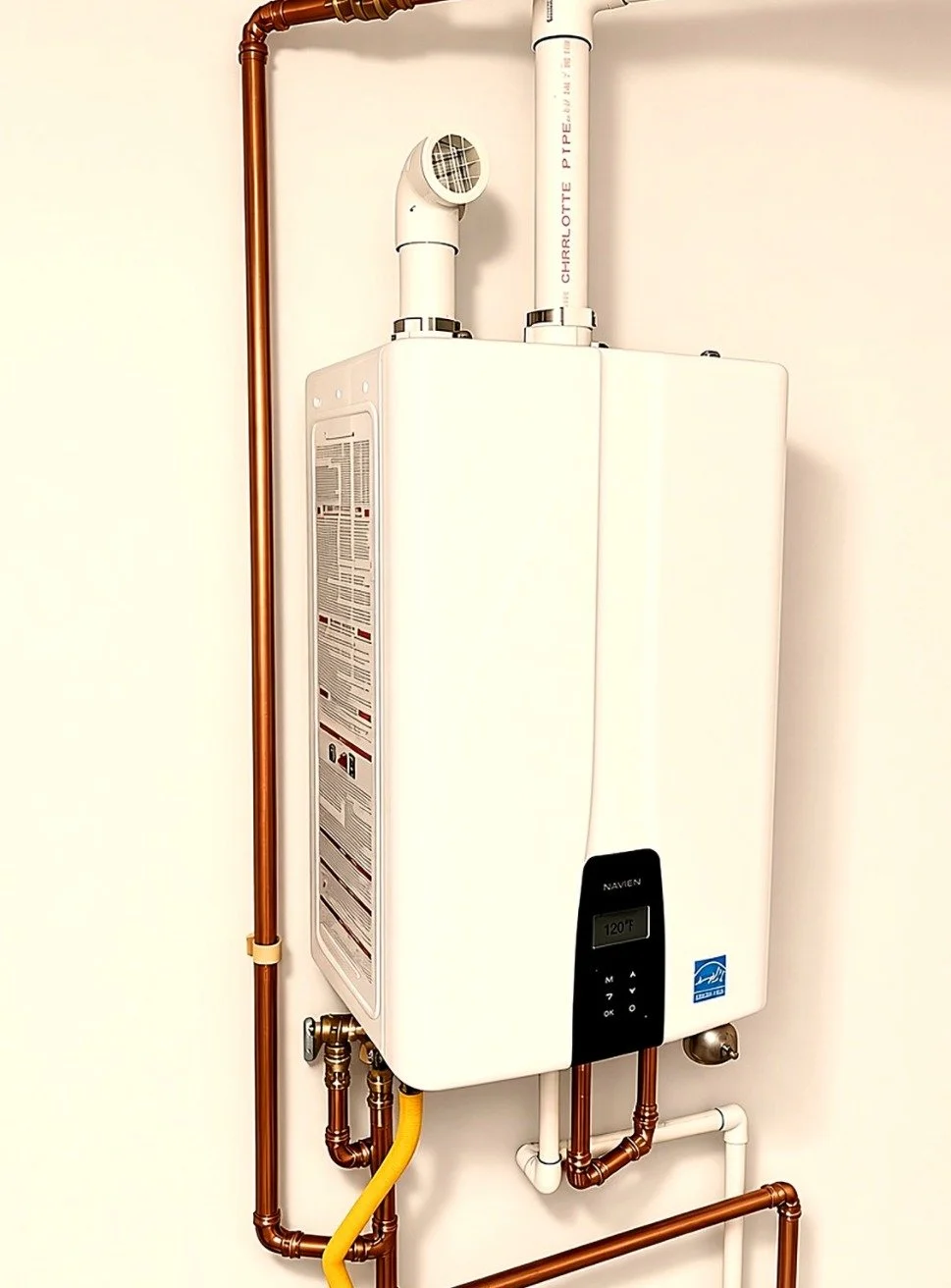 Navien tankless water heater installed with new copper lines by Ray's Rescue Plumbing