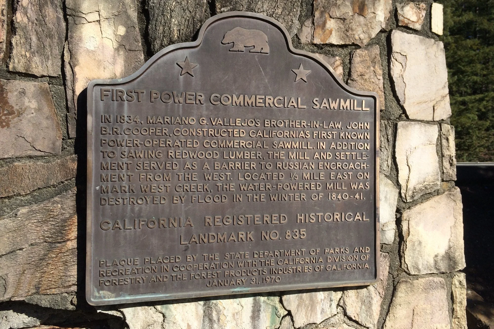 California Historical Landmark plaque for Cooper's Sawmill on River Road in Forestville