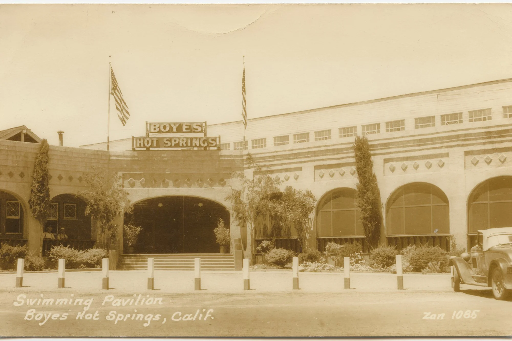 Historic postcard of the Boyes Hot Springs swimming pavilion arcade