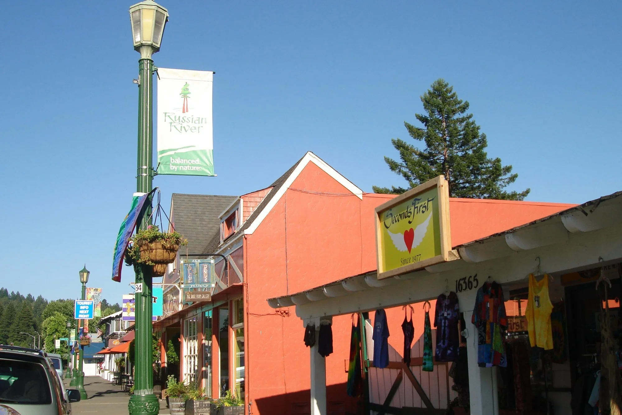 Shops and banners along Main Street in downtown Guerneville