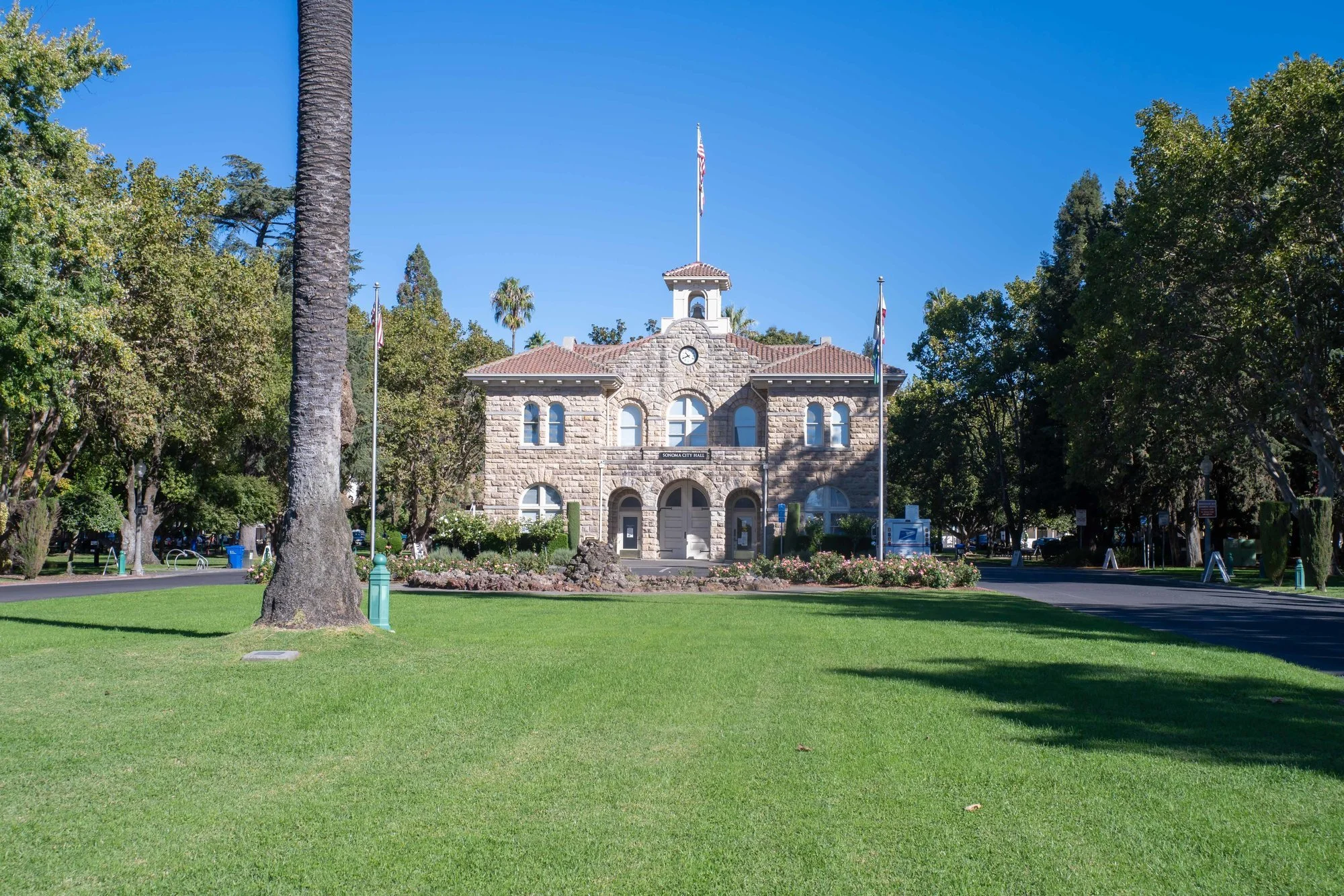Sonoma Plaza lawn with Sonoma City Hall in the background
