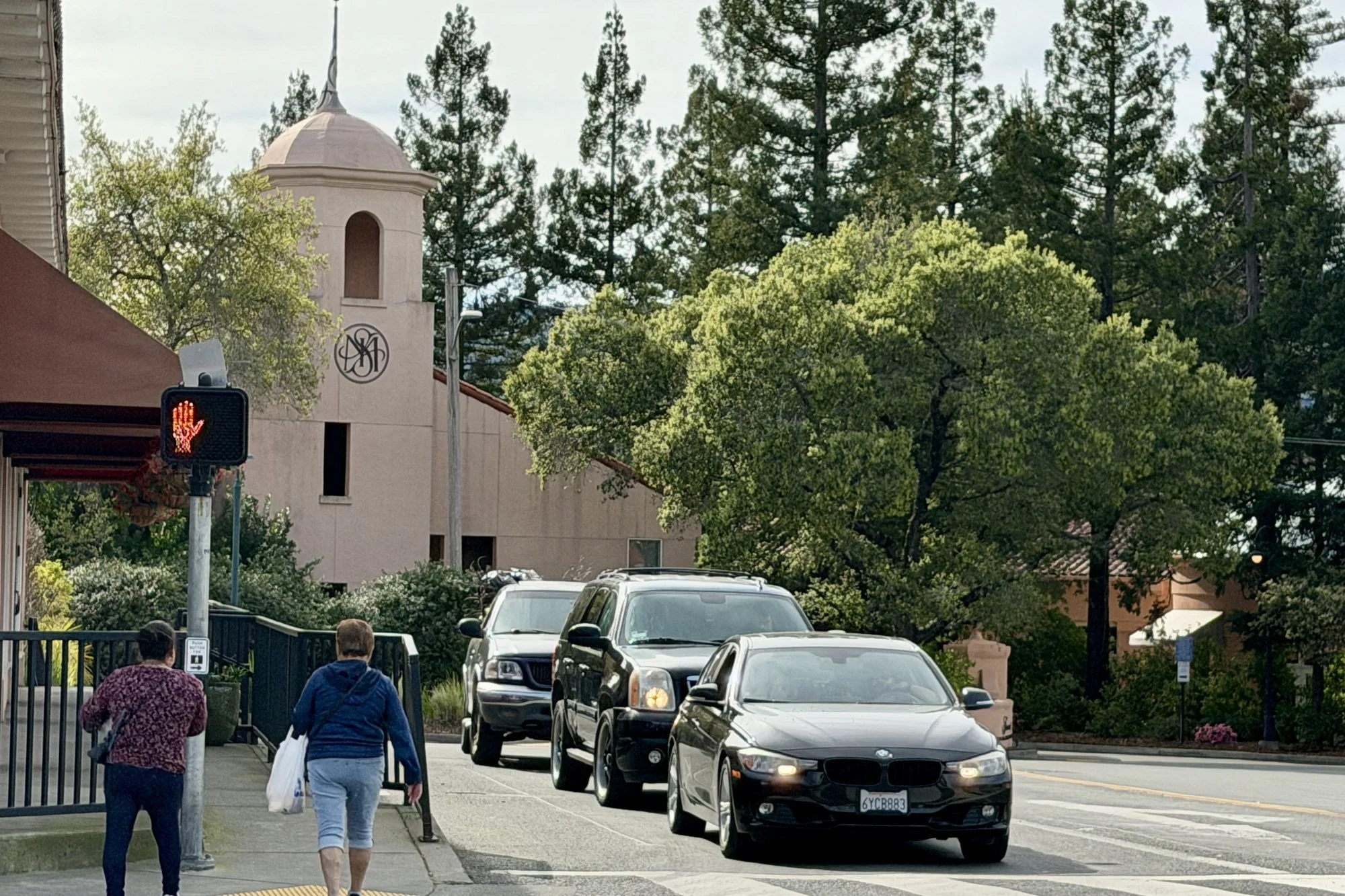 Intersection of Boyes Boulevard and Highway 12 with the Mission-style tower of the Sonoma Mission Inn