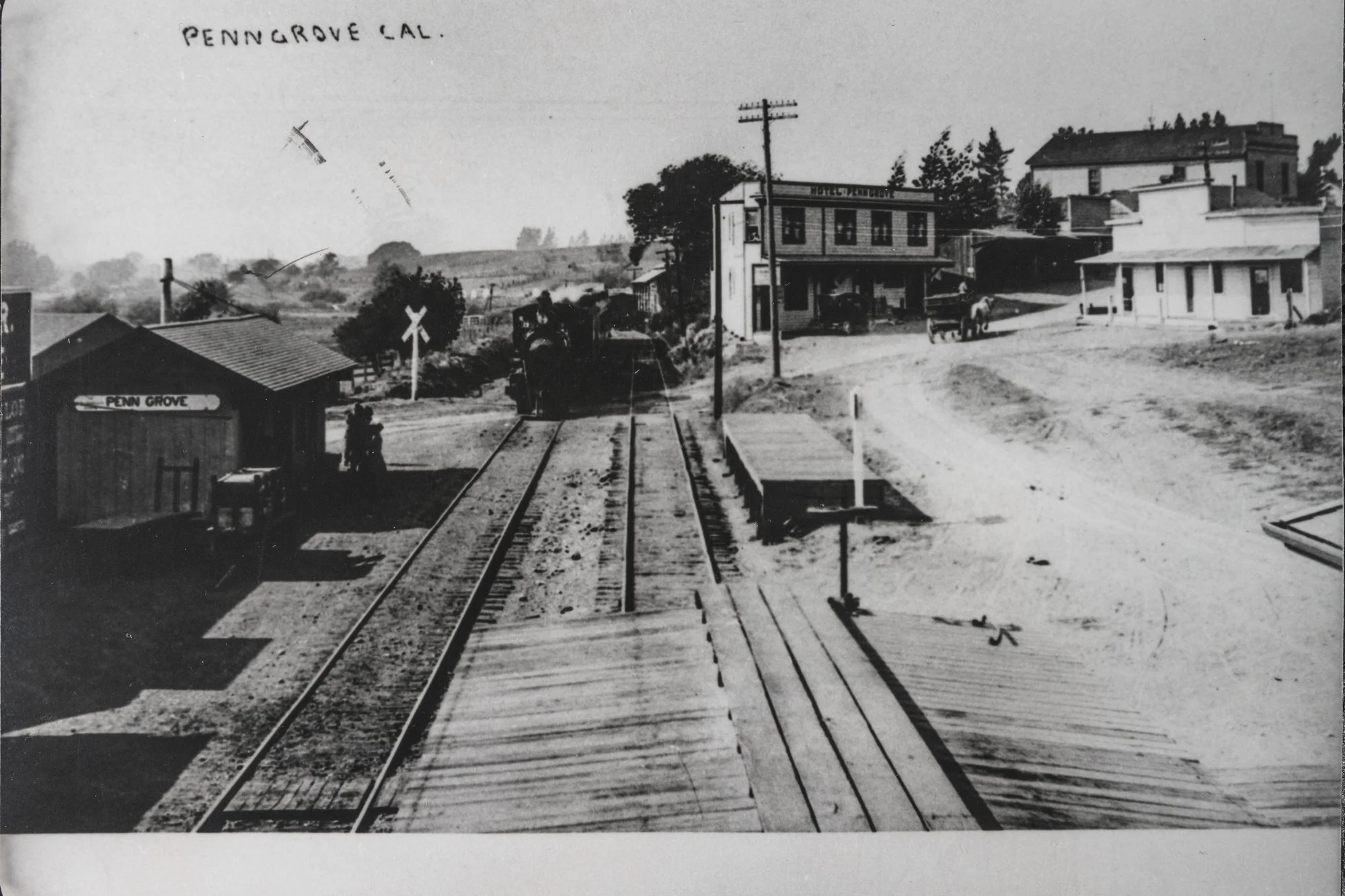 Historic photo of the railroad tracks and former station in Penngrove