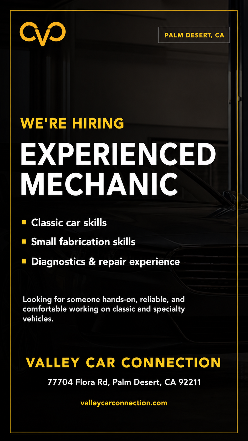 Valley Car Connection experienced mechanic hiring flyer