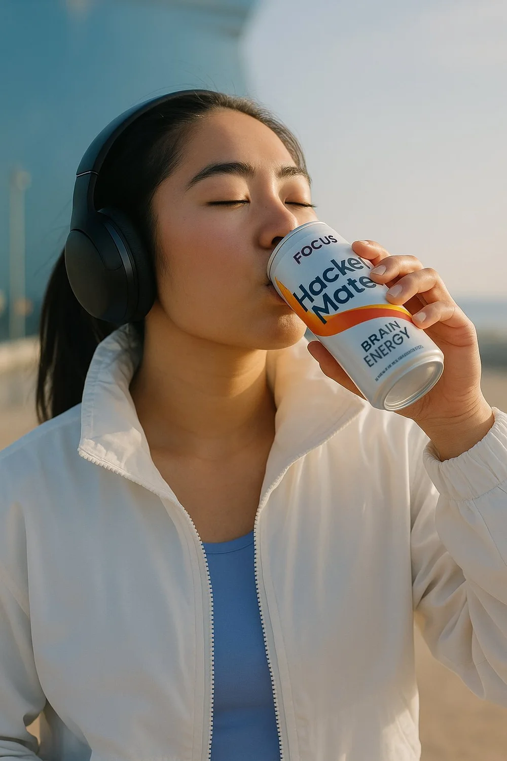Woman wearing headphones drinking a can of Hacker Mate Focus outdoors